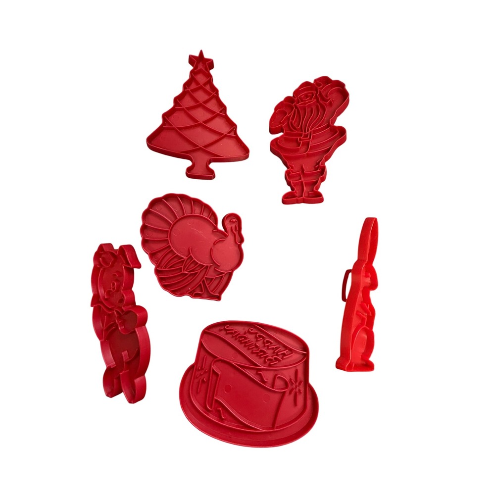 Vintage Red Plastic Holiday Cookie Cutter Set Santa Turkey Bunny Tree 6 Piece